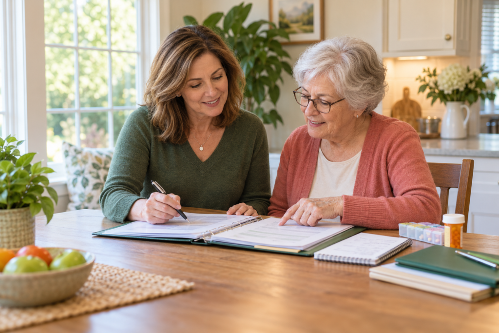 An older mother and adult daughter calmly planning their first downsizing steps together